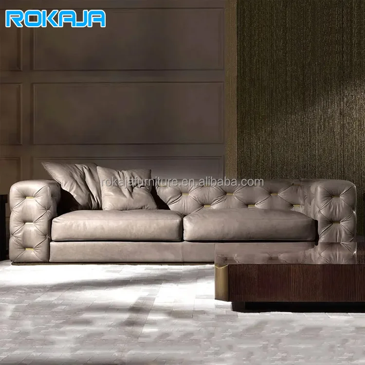 European Style Designer Creative Pull Button Frosted Leather Sofa Set Living Room Furniture Hotel Villa Sectional 4 Seater Sofa