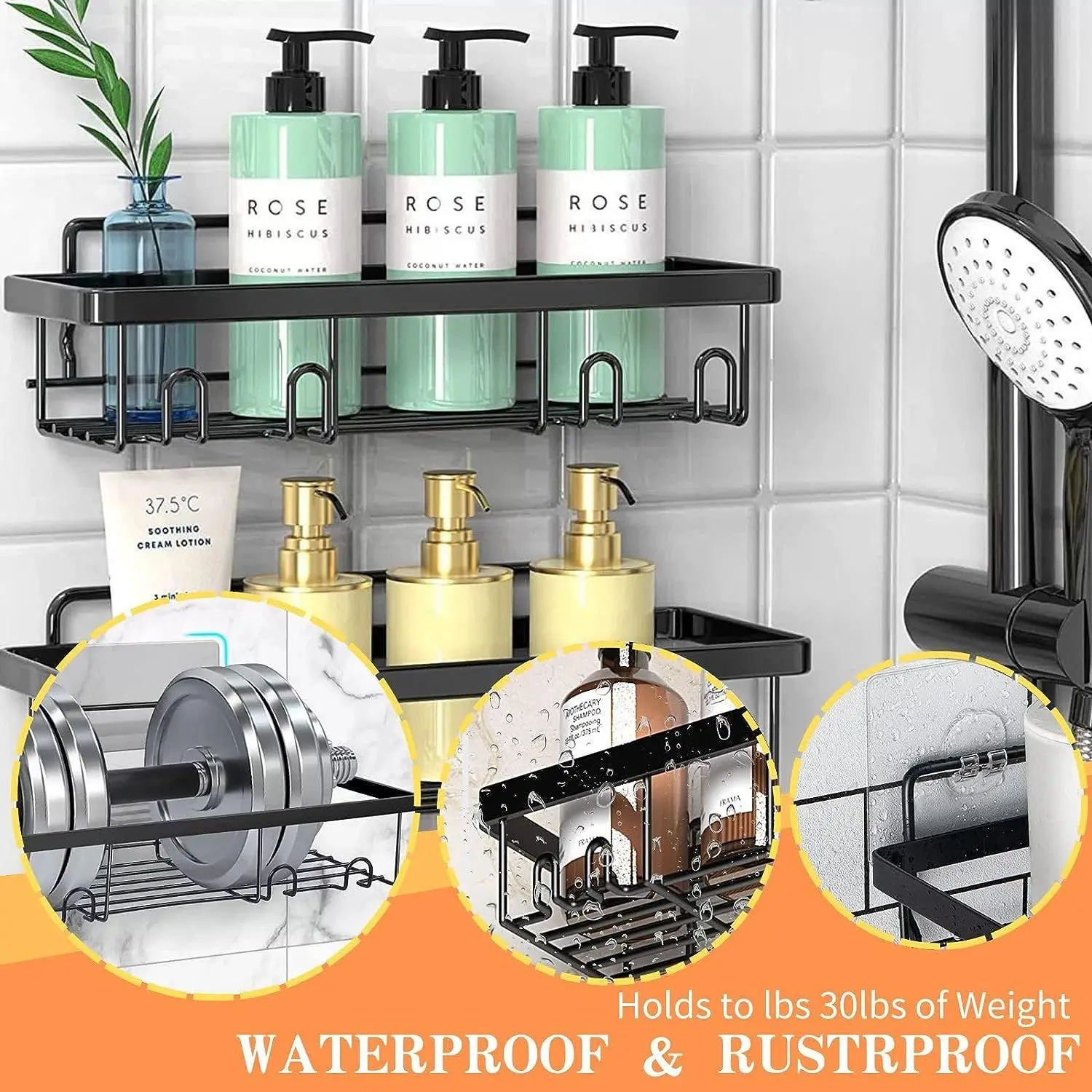 Wall Mounted Shower Caddy Adhesive Organizer Black Metal Stand Towel Racks Storage Bathroom Corner No Drilling Organizer Toilet