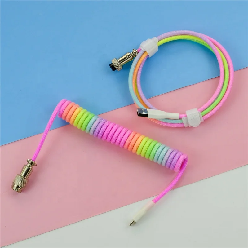 Custom Design 3M Coiled Aviator Connector Data Cable Type C USB Keyboard  For Mechanical Keyboard Spiral Paracord with Sleeve