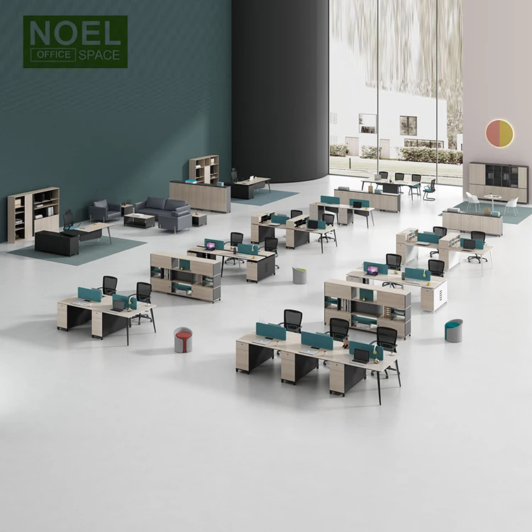 Modular office staff computer work desk workstation with file cabinet four person working workspace office desk and chair set