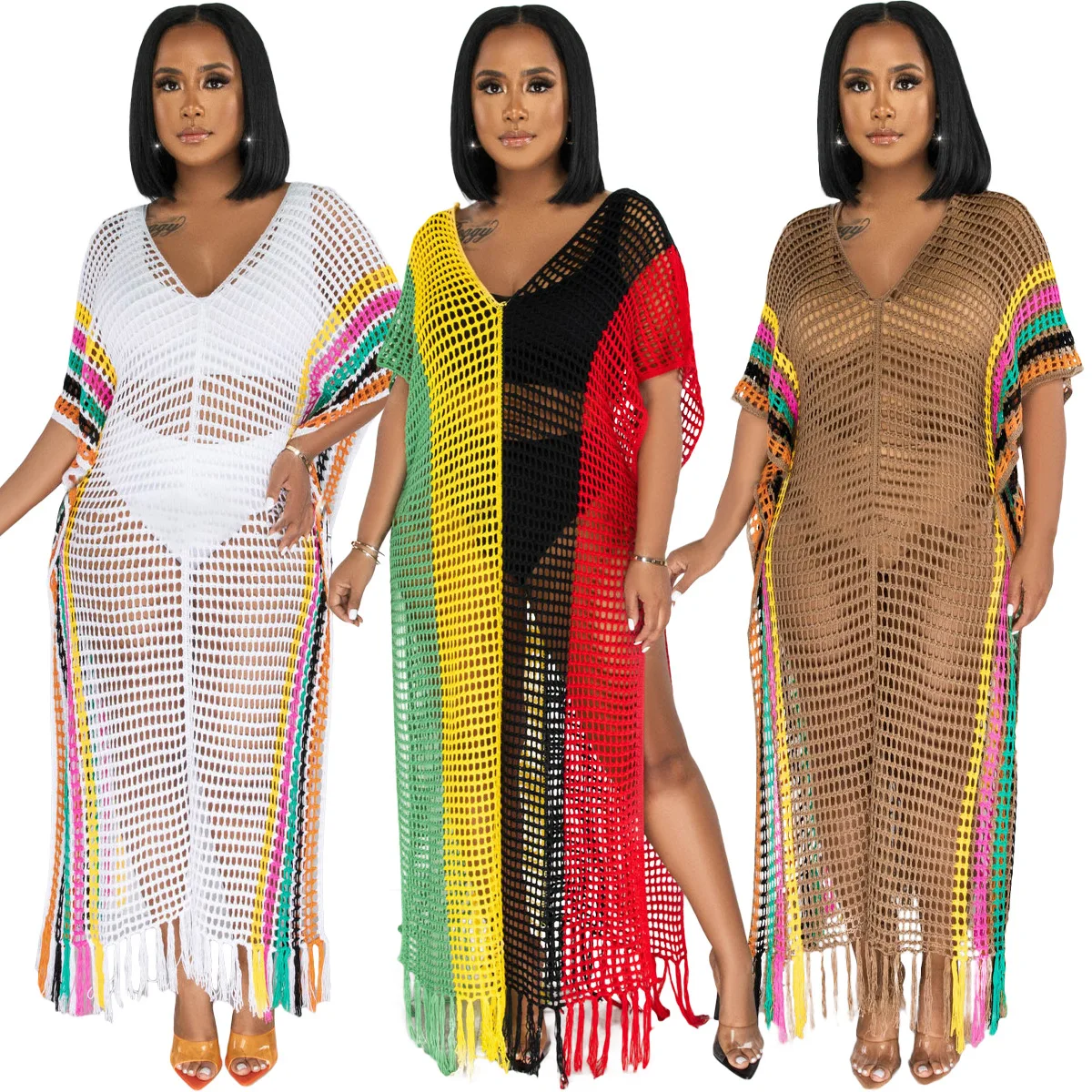 2024 Spring And Summer Ladies Sexy Colorful Fringed Knit Crochet Fishnethollow V-Neck High Slit Perspective Beach Dress