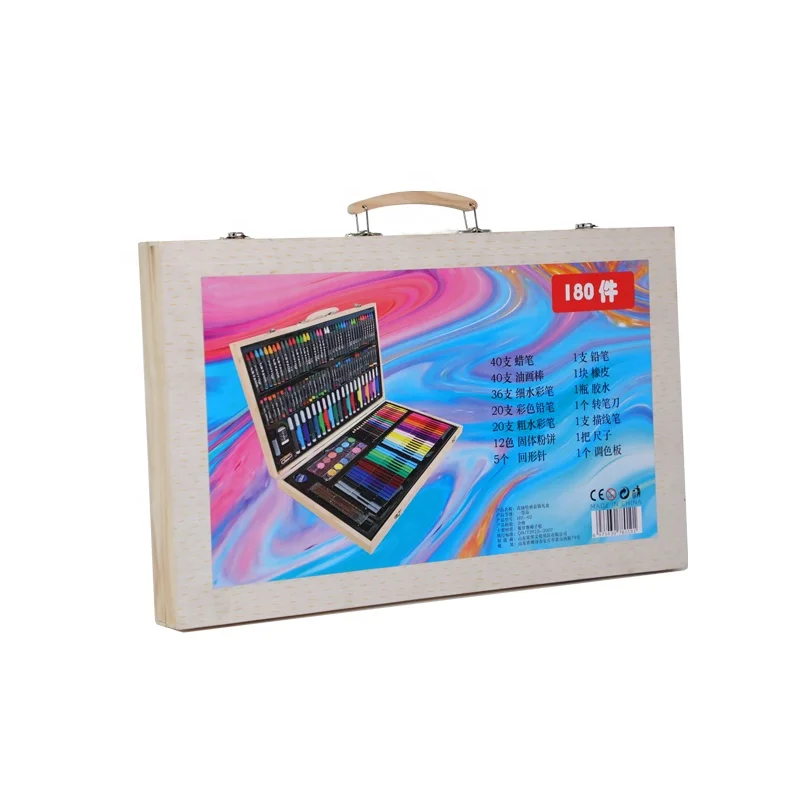 180 pieces Wholesale   Professional Wooden Box Coloring Art Drawing Set For Kids Painting
