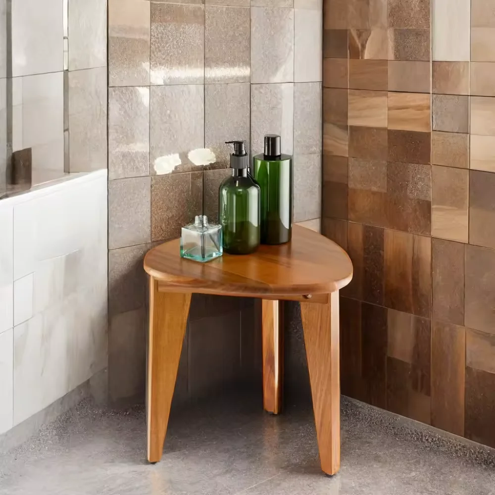 Contemporary Acacia Corner Shower Stool Small Space Bathroom Furniture for inside Shower Use