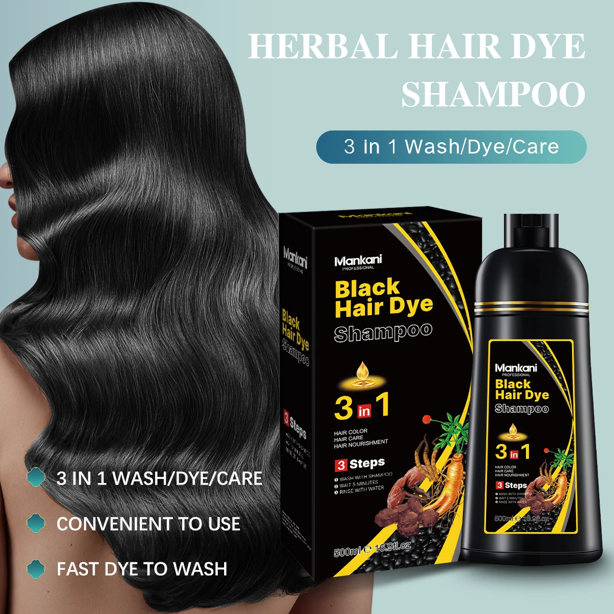 OEM Herbicos Plant Black Hair Dye Shampoo 3 in 1 Herbal Natural Dark Brown Gray Hair For Men And Women