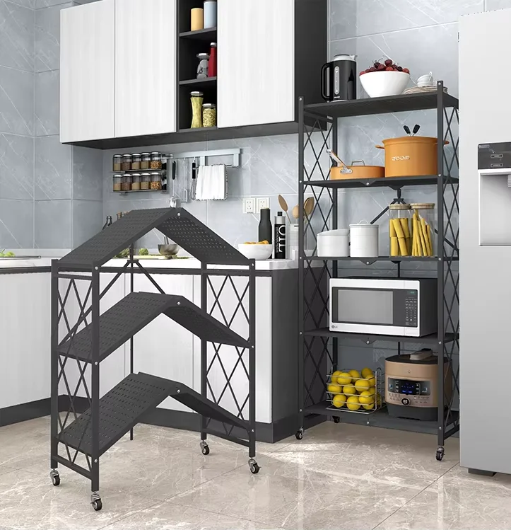 Iyanen Free Installation 5 Layer Foldable Kitchen Shelf With Wheel Mobile Floor Storage Metal Rack