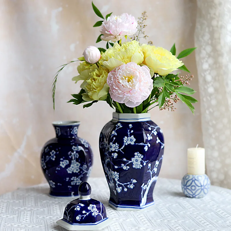 Antique Chinese Style Blue White Plum Blossoms Ceramic Temper Jar for Home Decor Tall Ginger Jar with Lid Wedding