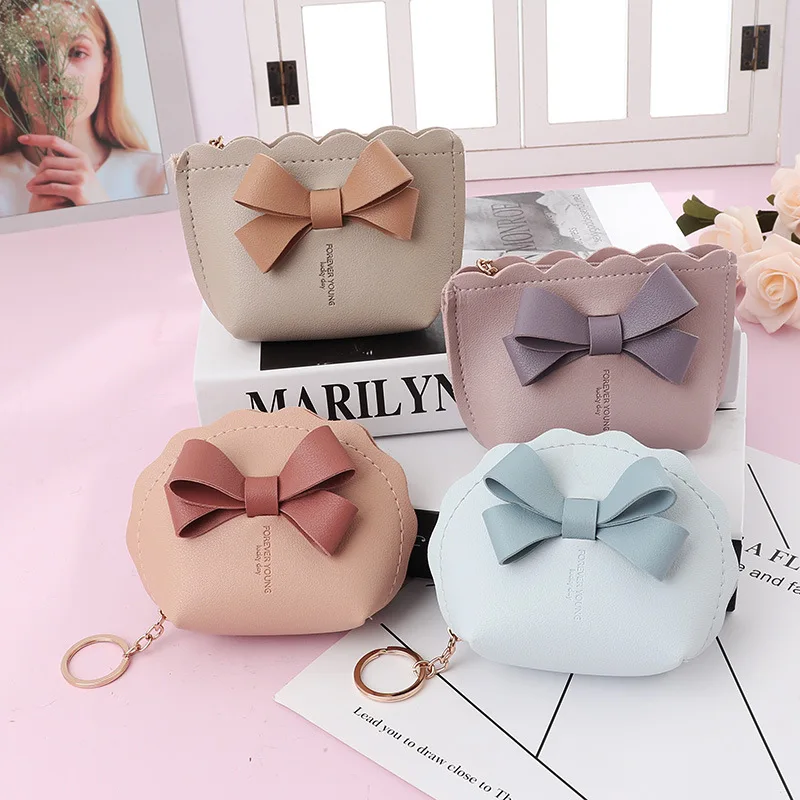 2024 New Arrival Bowknot Women Zip Coin Purse Kids PU Mini Key Card Wallet Keychain Portable Storage