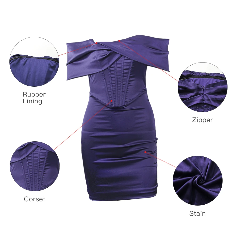 Stylish Purple Corset Silk Satin Ruched Off Shoulder Party Dress Clothes Women Vestidos Club Dress