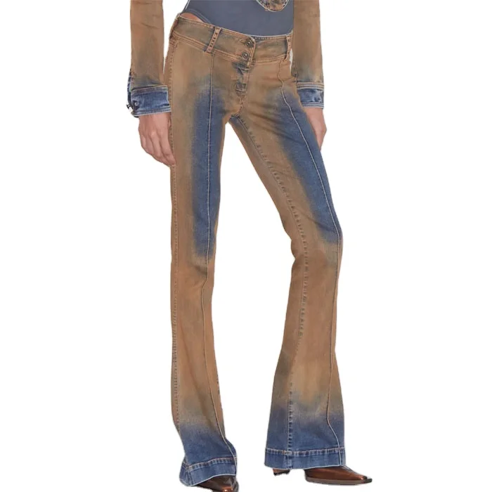 Streetwear rust and indigo washed stretch denim jeans low-rise acid washed zip fly boot cut slim fit jeans flared jeans women