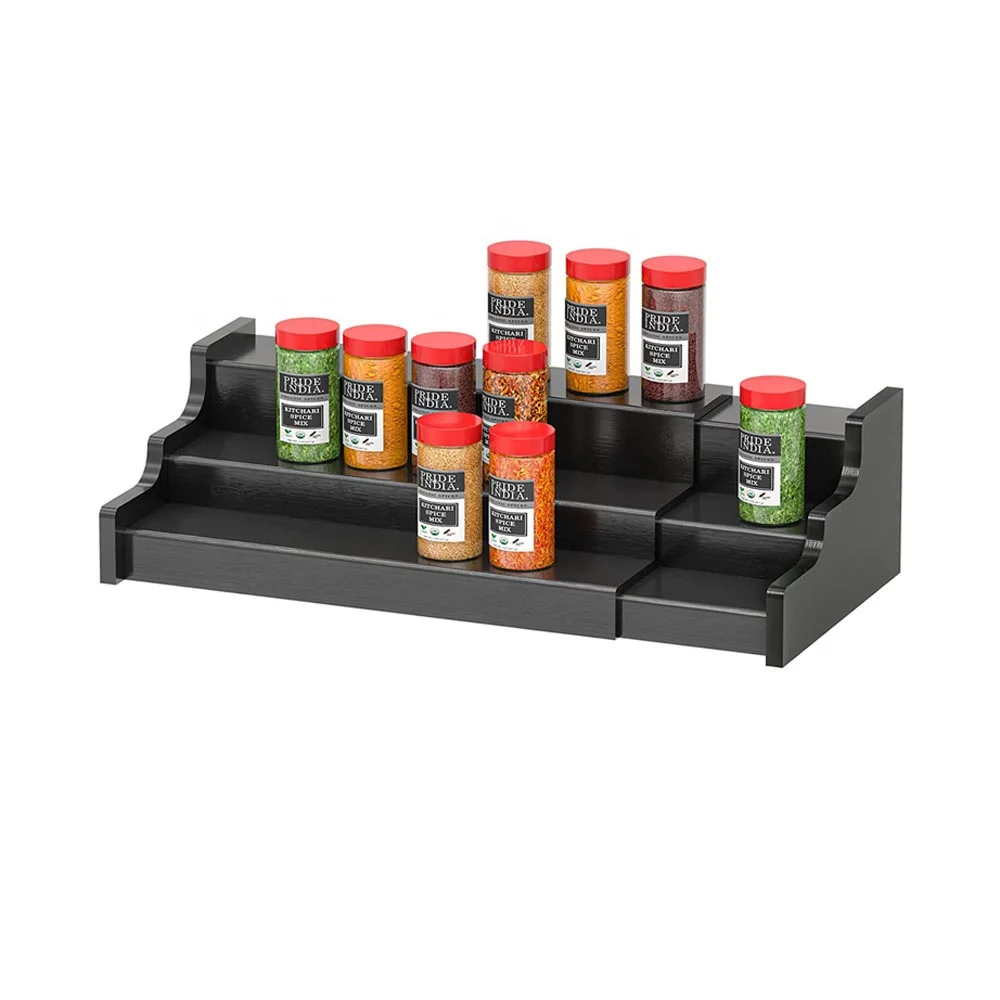 Expandable kitchen organizer rack cabinet accessories free-standing bamboo 3 tier seasoning holder wooden spice rack
