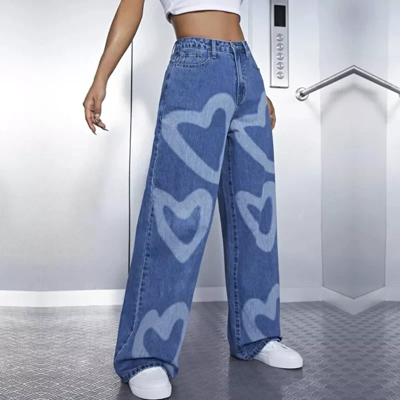 Fashion Love Pattern Painted straight legging Zipper Fly Women Denim Jeans