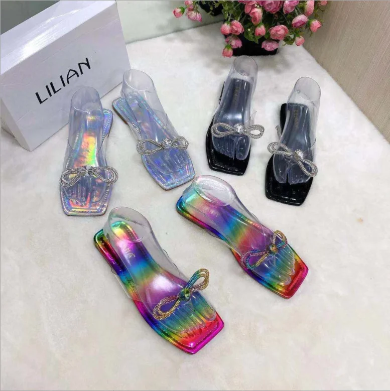 Summer New Quality Colorful Rhinestone mujer luxury chaussur  bowknot girl flat jelly sandal shoes