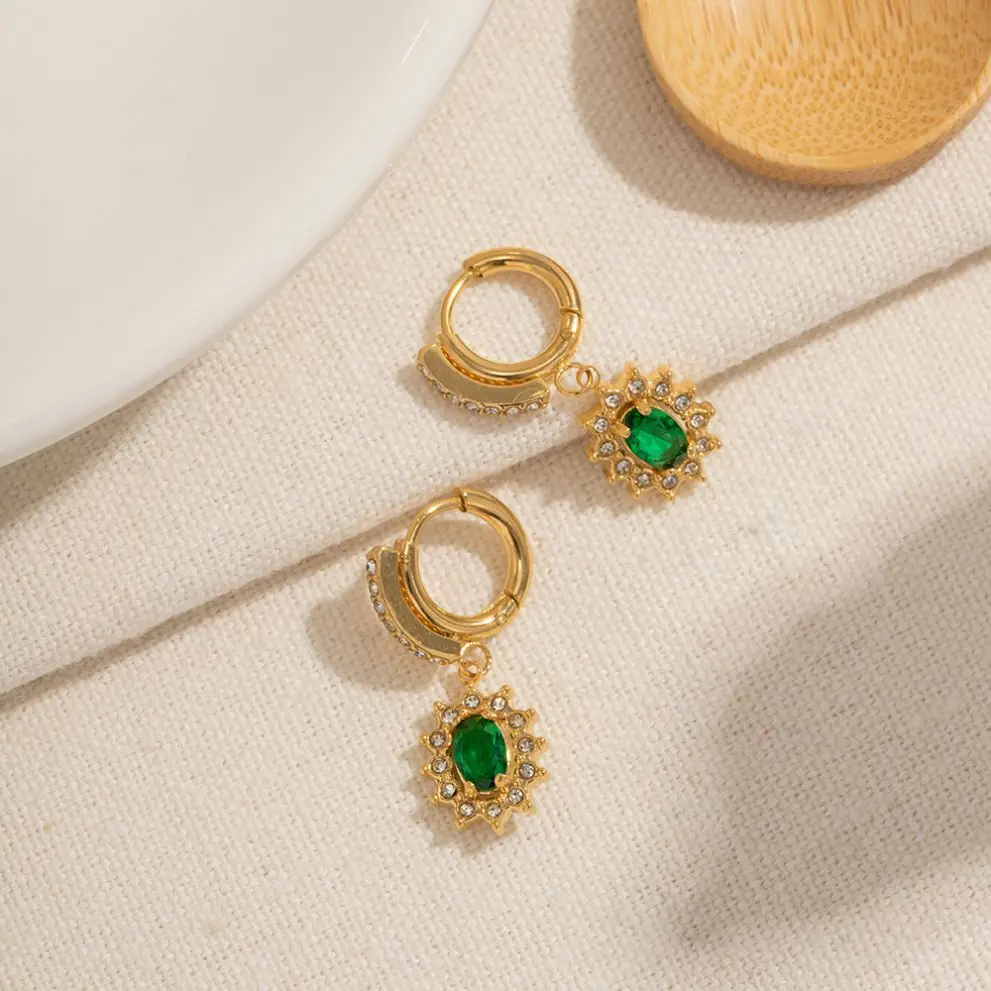 Sunflower Hoop Green Cubic Zirconia Earrings For Girls Retro 18K Gold Plated Stainless Steel Jewelry Gift