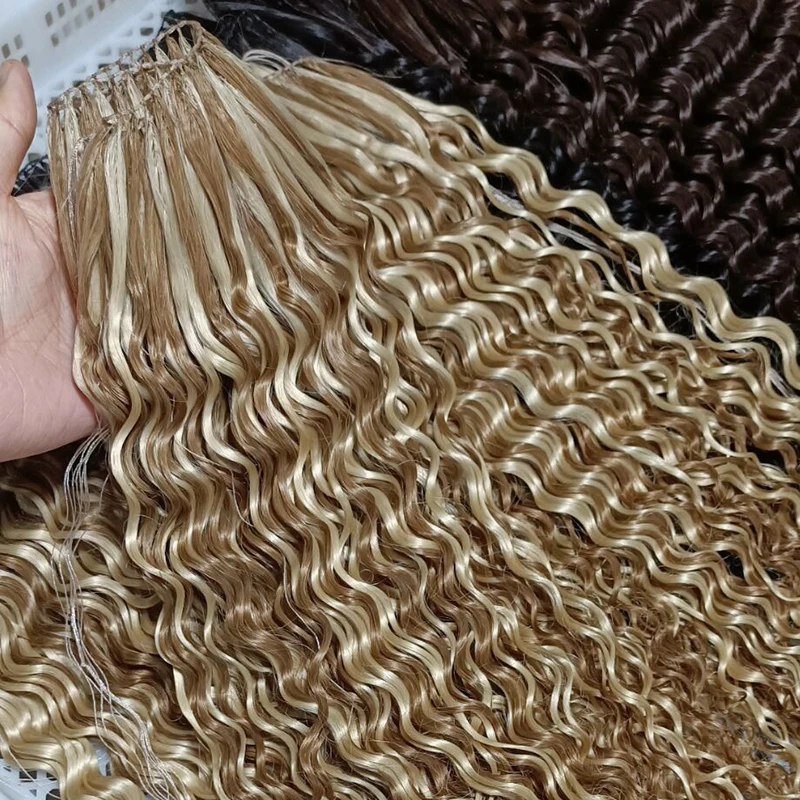 New Arrival 100% Chinese/Russian  Human kinky curly /natural weave small roll Feather Line Crochet Hair hair extensions weft