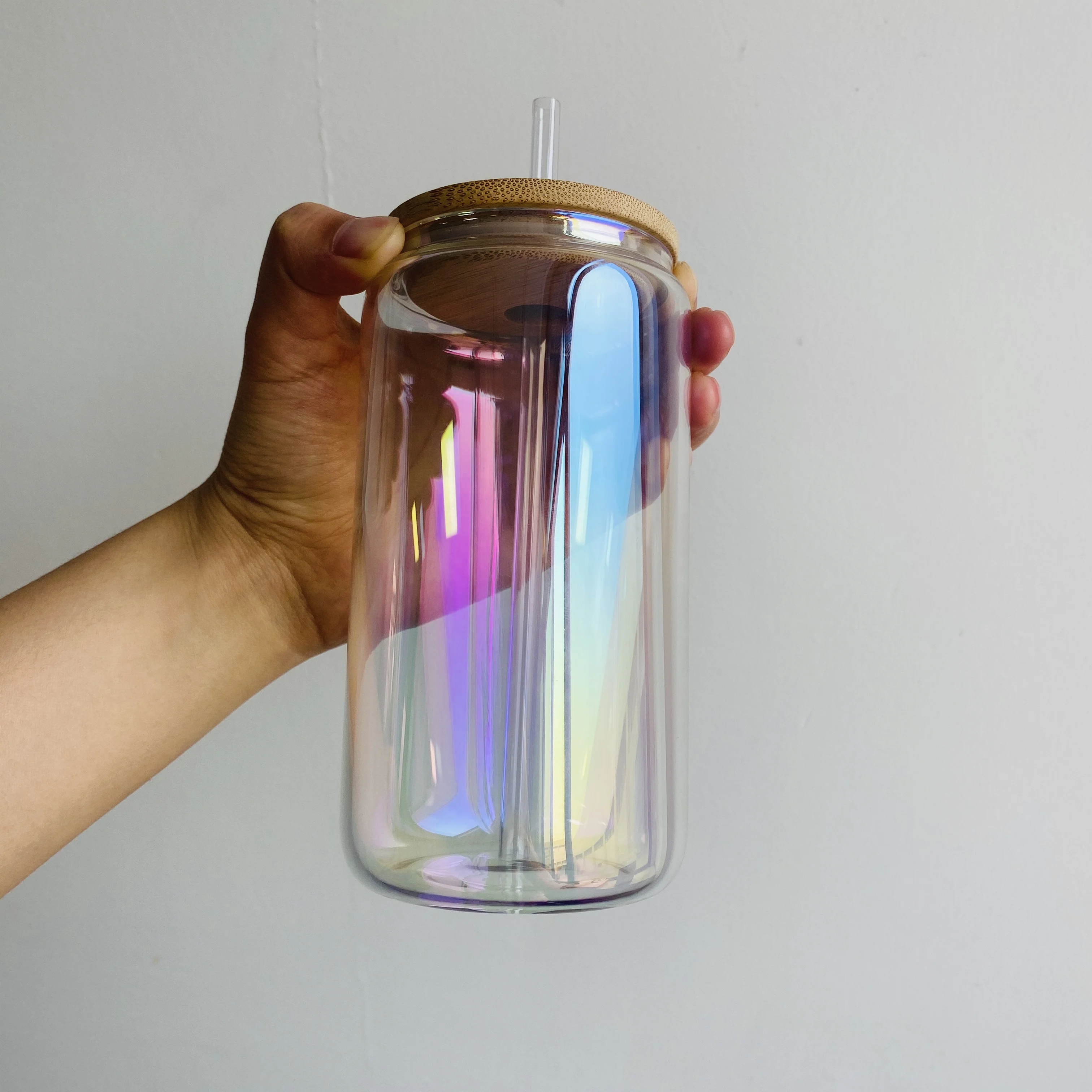 wholesale 16oz DIY Laser iridescent clear rainbow blank sublimation beer glass can Shaped Drinkware with bamboo lid and straw