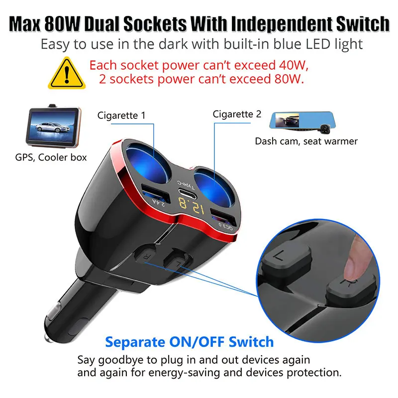 Car Adapter Cigarette Lighter Heater 3 Port Car Charge Quick Charge 3.0 Type C Car Cigarette Lighter Converter Plug 12v Splitter