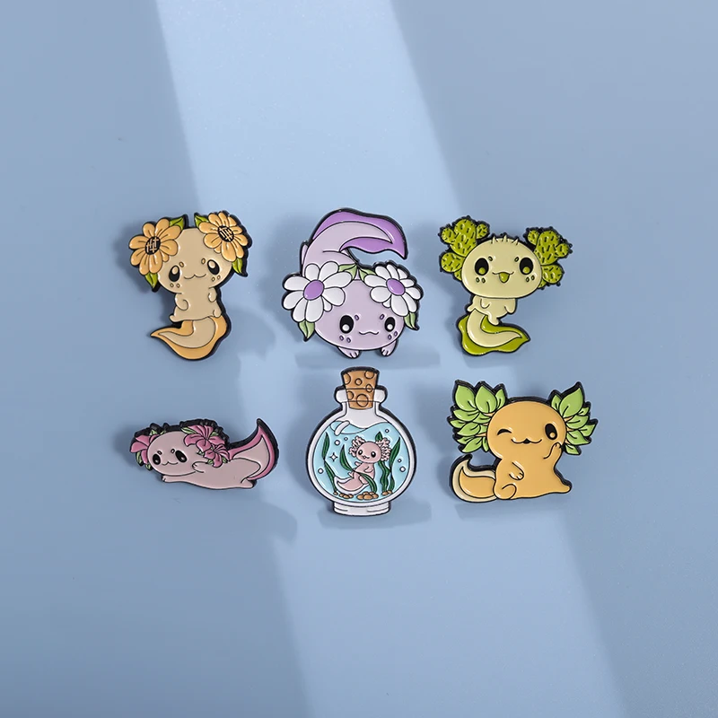 Cute Salamander Enamel Pins Custom Plant Sunflower Brooches Lapel Badges Cartoon Animal Jewelry Gift for Kids Friends