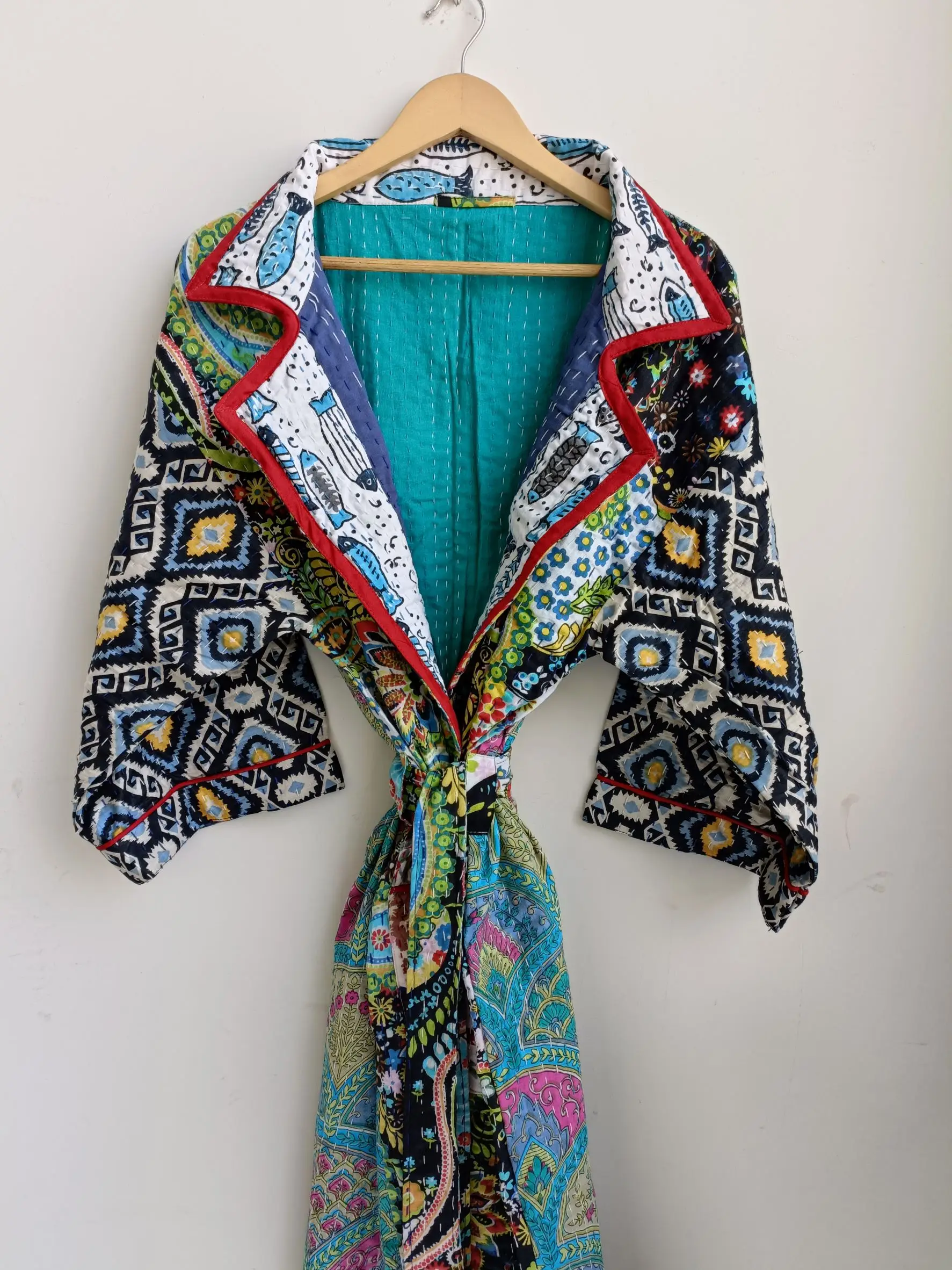 Indian Kantha Printed Robe Gown Women Boho Maxi Long Kimono Dress Sleepwear at Wholesale Price from India