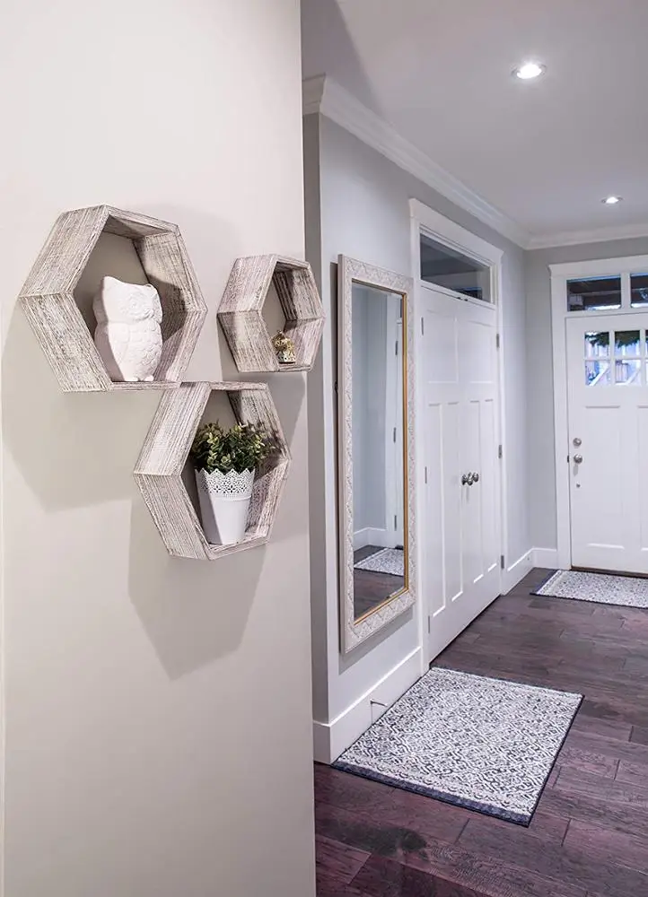 Rustic  Hexagonal Farmhouse Shelves floating wood shelves for Bedroom