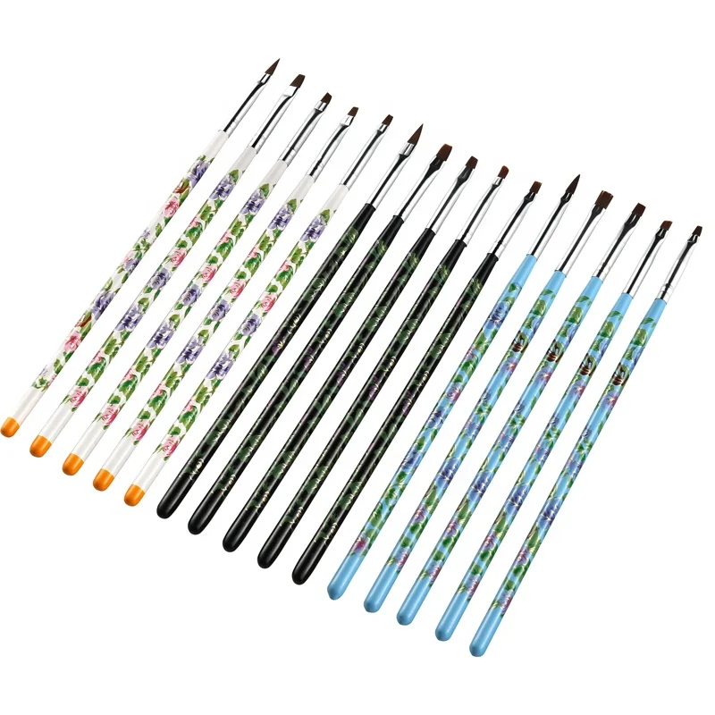 5PCS set Nail Art Brushes Wood Flower Acrylic Gel UV Polish Painting Builder DIY Salon Pen Flat Brush Kit Styling Tools Manicure