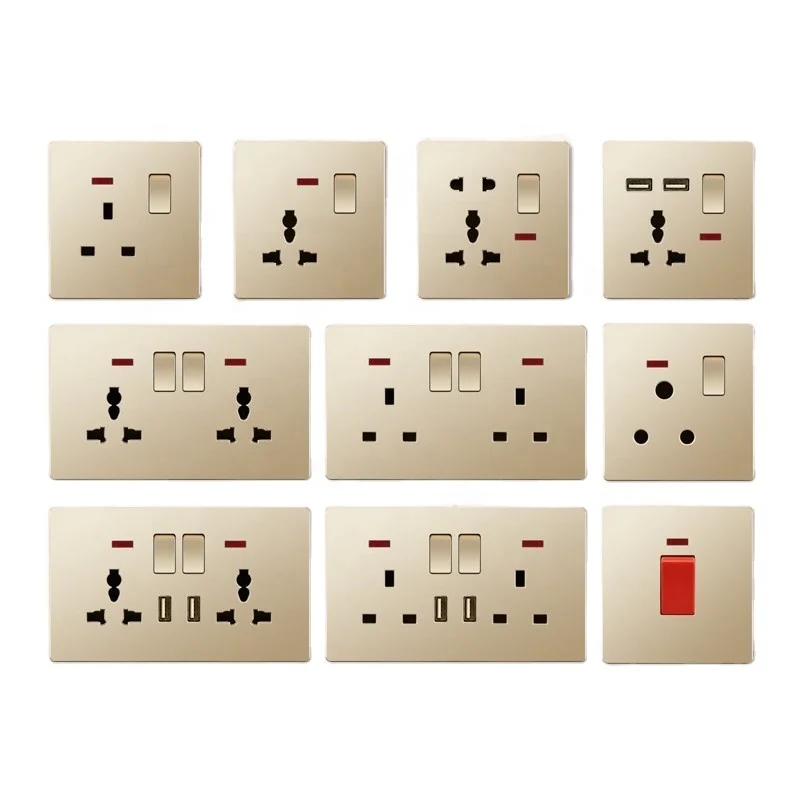 Good Quality Golden UK Africa Malta Maldives Electrical Wall Switches and Sockets Single Double Socket with USB