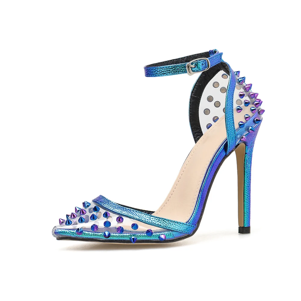 Talons Femme Tacones Mujer Studded Fashion Sandalias De Tacon Buckle Blue Pumps Women transparent Heels for Ladies