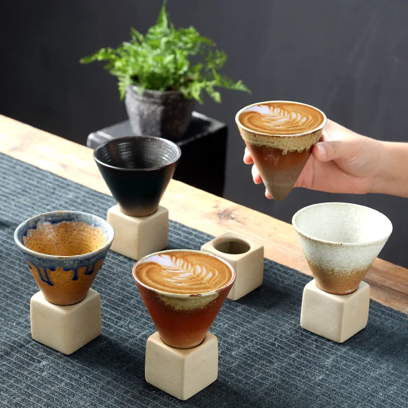 200ml Rough Pottery Retro cone shape Espresso mug Creative Handmade Kiln Change Ceramic Tea Cup with Base Stoneware