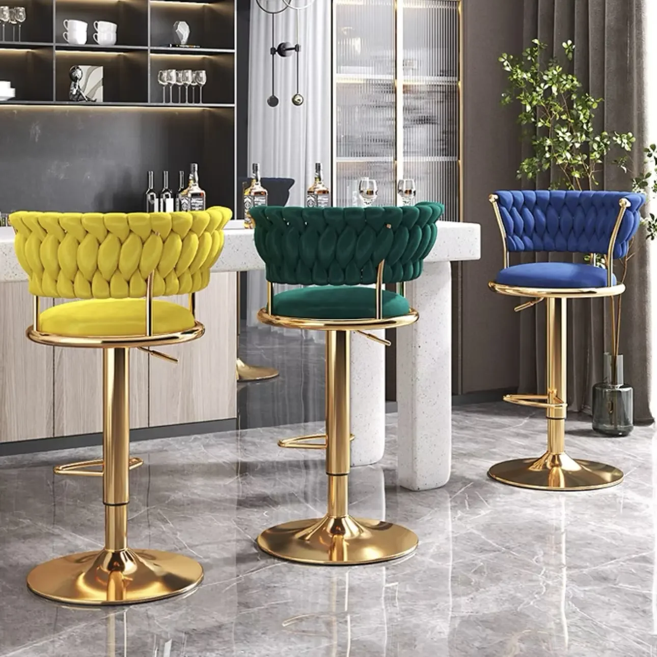 Nordic Luxury Kitchen Counter Stool Modern High Bar Chair With Gold Metal Velvet Leather-Adjustable Plastic Furniture Table