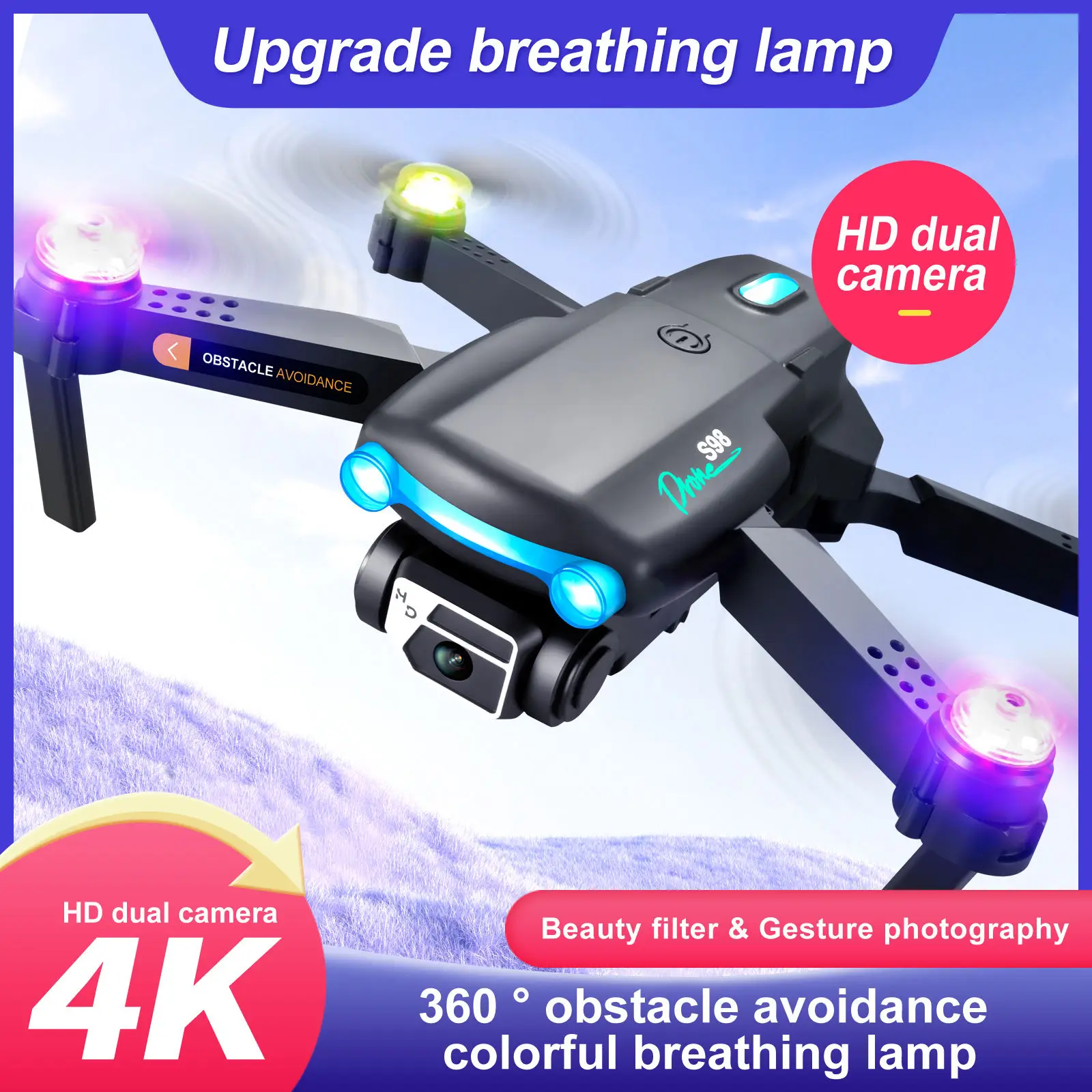 S98 2.4G Wifi Professional Manufacturer Support 360 Obstacle Avoidance LED Light Foldable Mini Drone with 4k HD Camera