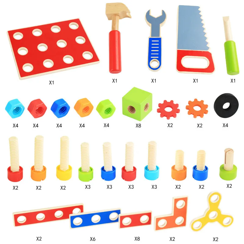 BunnyHi YZ002 Wooden Tool Workbench Toy Play Creative Building Set Wooden Tool Kit Wooden Construction Toy for Kids Toddlers