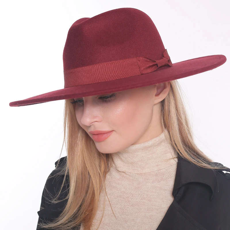 Hot sale big wide brim hats  women fedora hats High quality wool  ladies couple fedora hats with ribbon