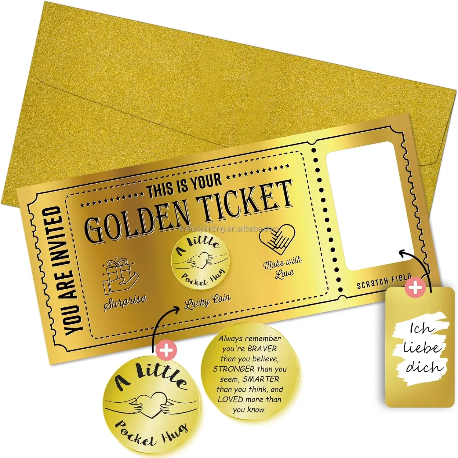 Custom Printing Gift Voucher Label Your Golden Ticket Scratch Sticker Card with Envelope