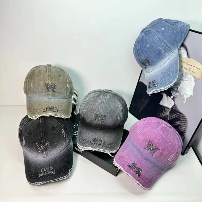 Wholesale Spring butterfly Vintage Cotton Adjustable Snapback Sports Dad Hat Women Baseball Caps Denim