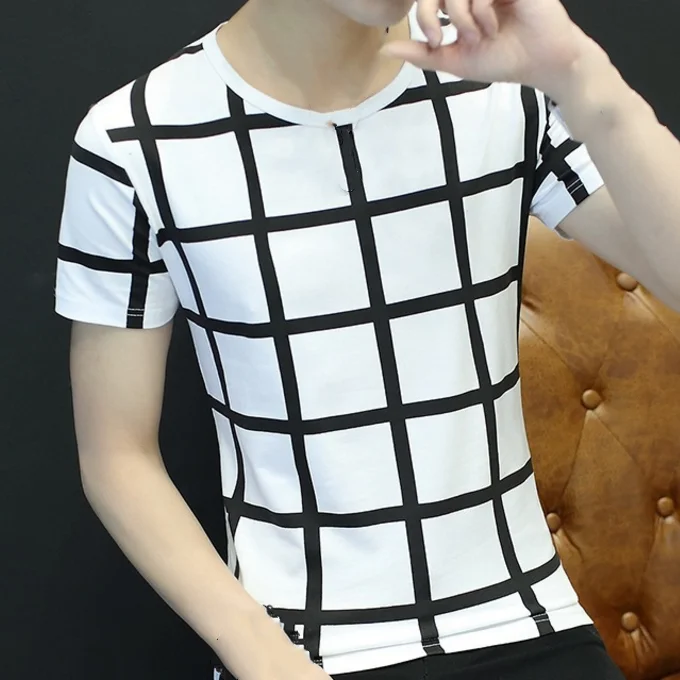 
Cheap Male T Shirts Men Plaid T-shirts Summer Man Printed T-Shirt 