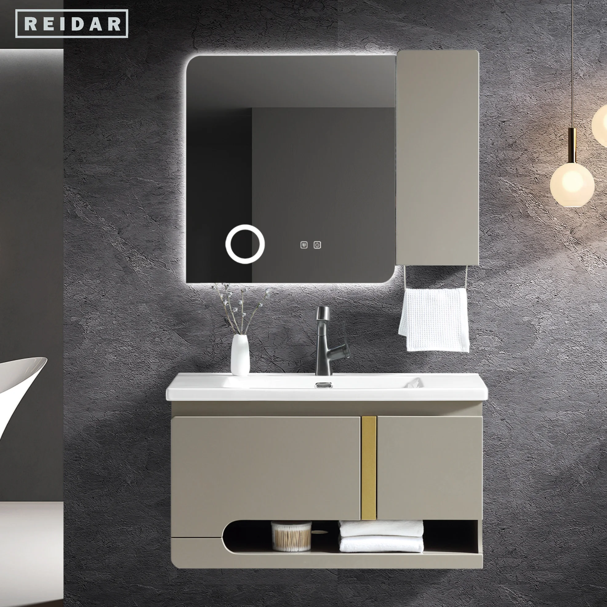 Light Luxury Customize PVC Bathroom Vanities Single Basin Bathroom Cabinet Vanity Sink  With top Wash Basin With Smart Mirror