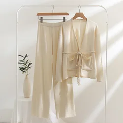 2023 Cardigan sweater two-piece set of solid color casual coat woven belt   women set
