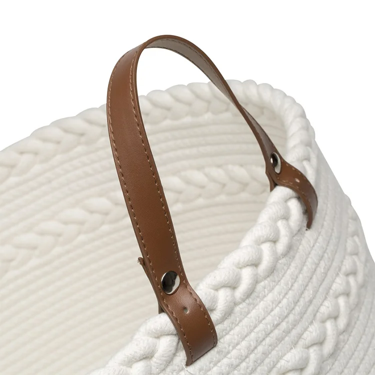 White Braid Durable  Cotton Rope Storage Basket with Dividers Leather Handle