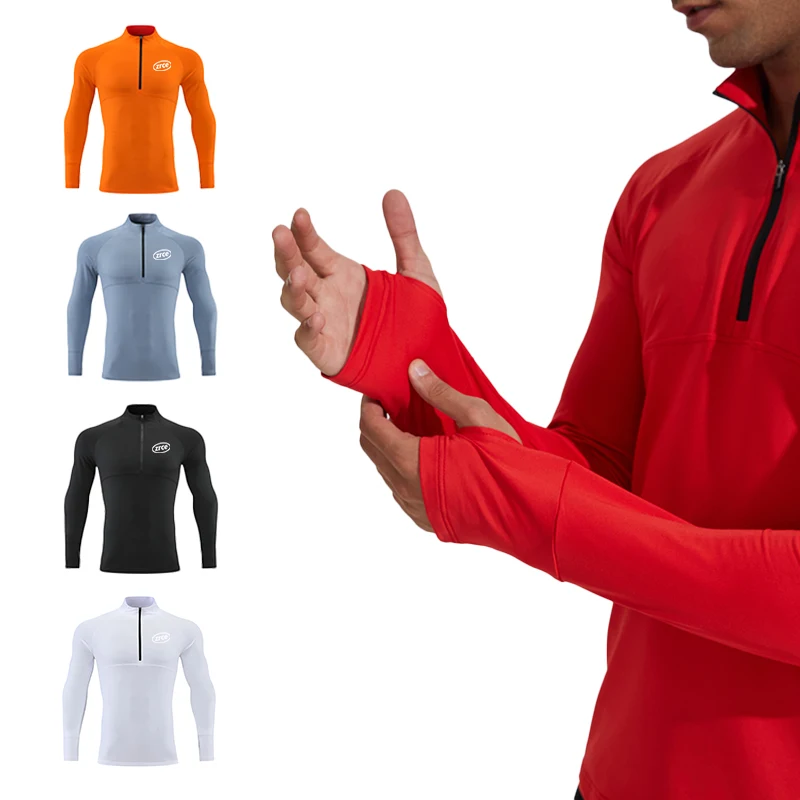 Costom Logo 1/4 Zip Stand Up Collar Quick Dry T-shirt Reflective Strip Long Sleeve Men T Shirt With Thumb Hole