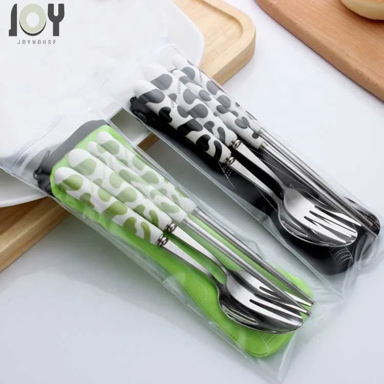 Green Creative Cow Pattern Design Flatware Set of 3 Ceramics Handle Stainless Steel Spoon Fork Chopsticks for Traveling