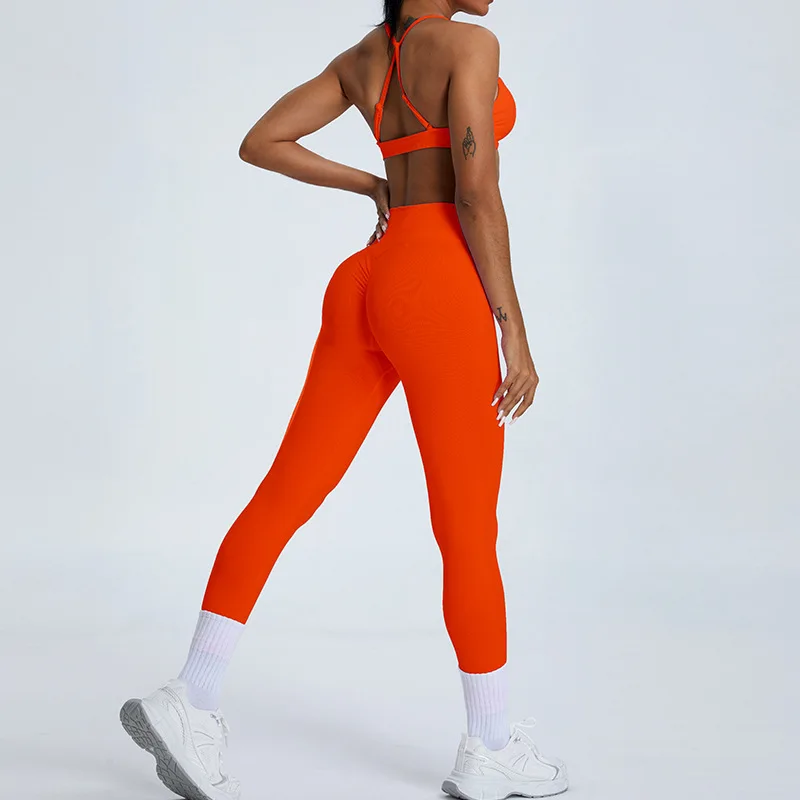 Women Seamless Workout Sets Active Wear Strappy Sports Bra High Waist Booty Legging Outfits 2 Piece Set Gym Fitness Yoga Set