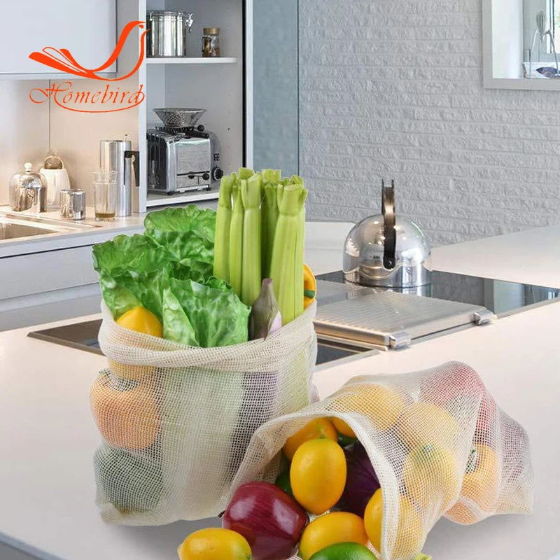  Reusable cotton mesh bag draw string storage for fruit and