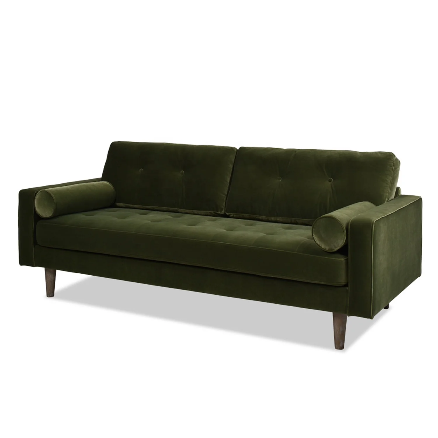 Mid-Century Modern Design Wooden Frame Green Velvet Fabric Square Tufted Seat Living Room Loveseat Sofa