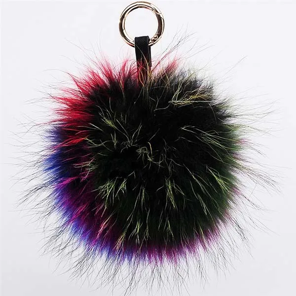 15cm Real raccoon fur pompom keychains fluffy fur bag charm  big fur balls with keychains