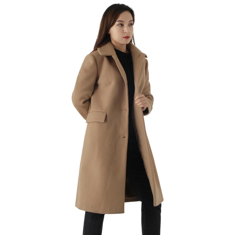 Elegant Women Long Warm Cashmere Coat Outwear Korean Style Single Button Lady Autumn and Winter Brown Woolen Coat For Ladies