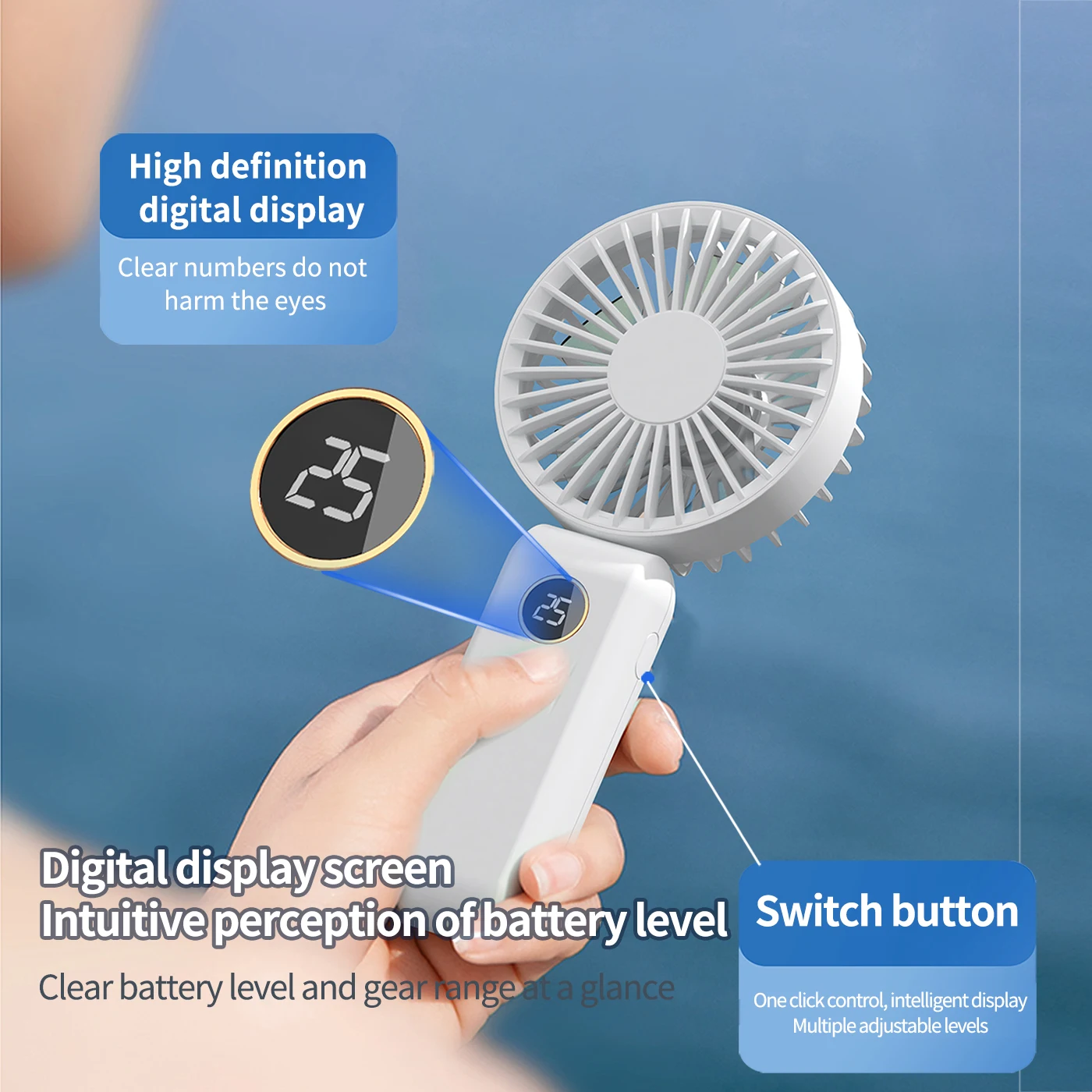 Portable foldable handheld with digital display 3-speed USB charging rechargeable portable fan Handheld small fan mini