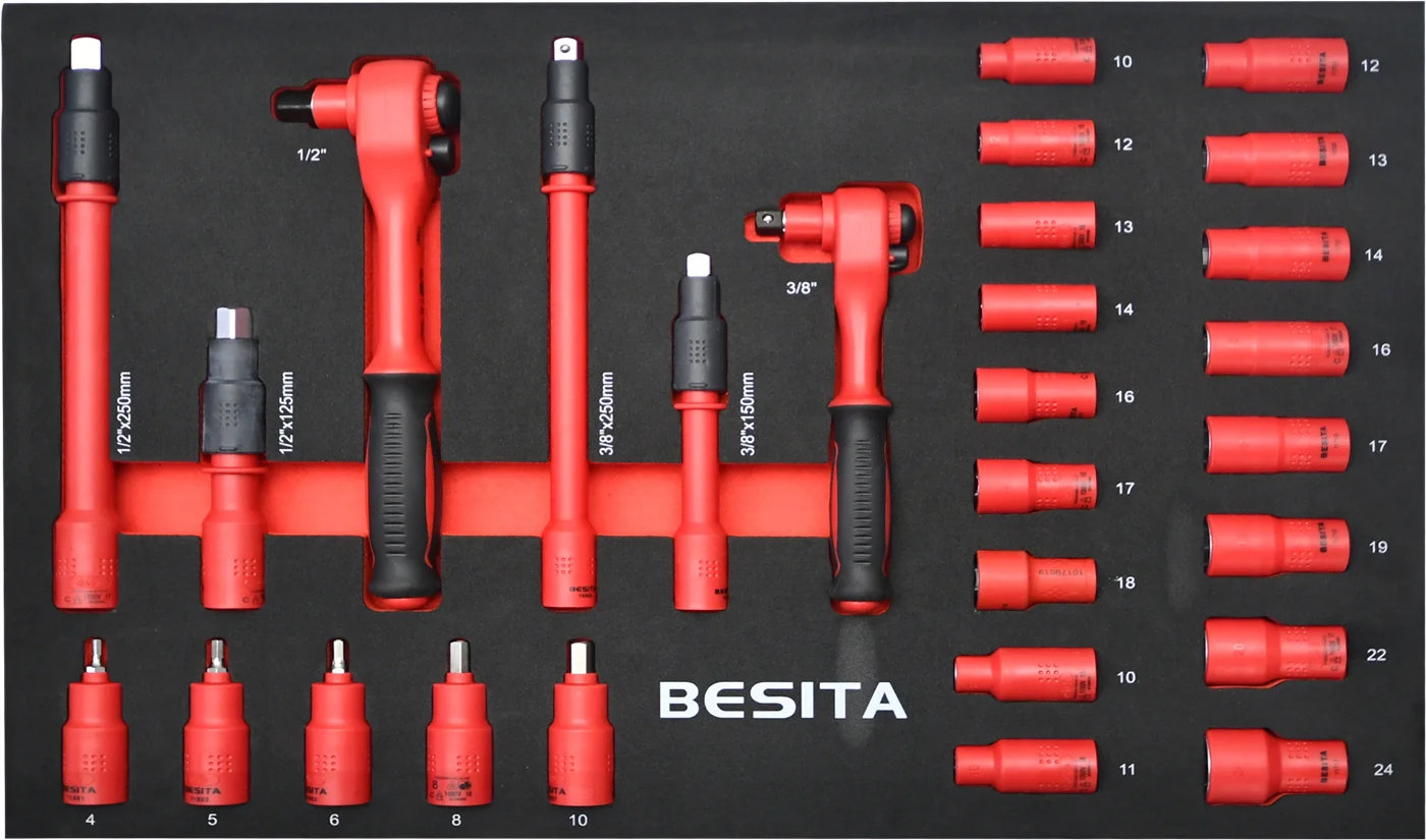 BESITA 67PCS Insulated tool set 1/2 3/8 socket wrench German standard 1000V hand tool trolley set
