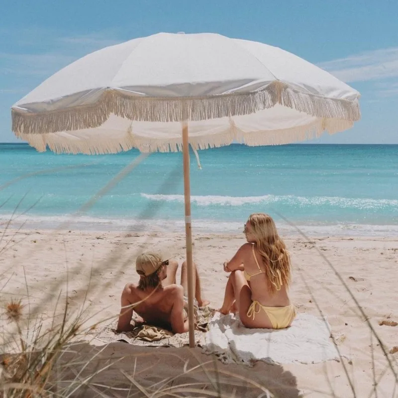 outdoor colorful windproof sea beach umbrella with sand pocket, Good quality recycled tassel sand sun parasol 6ft 7ft 8ft