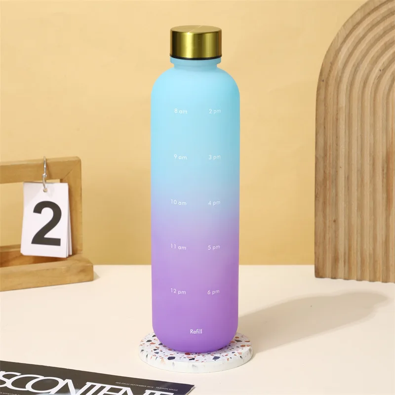 1 Litre Plastic Frosted Water Bottle with Gold Lid Motivational Timestamps for Camping Tours Adults Drinking