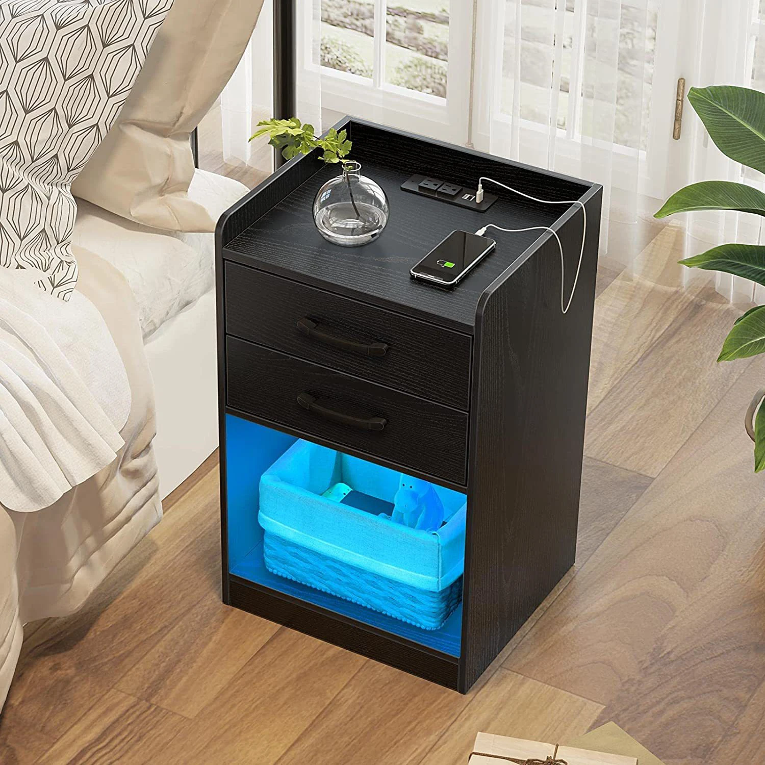Modern luxury Bedroom furniture Smart bedside table Charging multi-function Storage solid wood bedside table