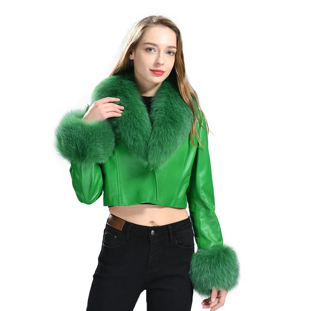 Fashion Spring Autumn Women Natural Sheepskin Lambskin Coat Crop Genuine Leather Jacket With Detachable Fur Collar Cuffs